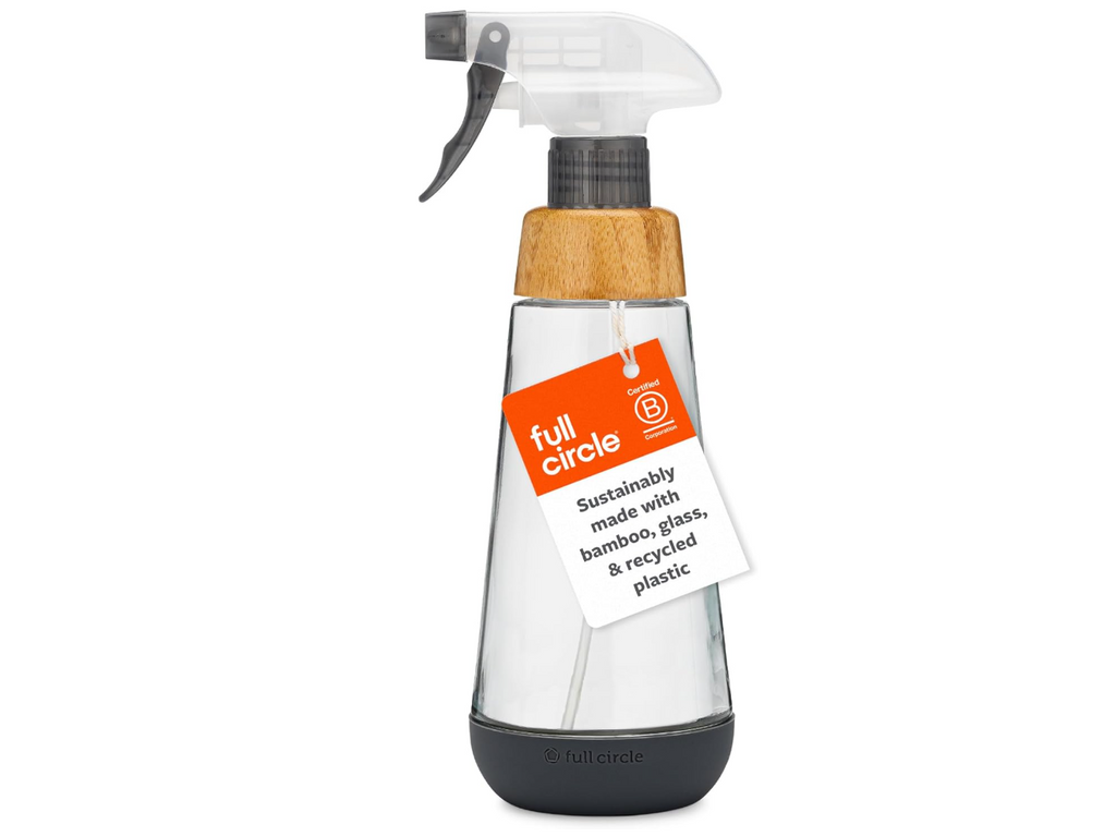 Full Circle Bottle Service Refillable Glass Spray Bottle – Bamboo & Silicone – 16oz Gray